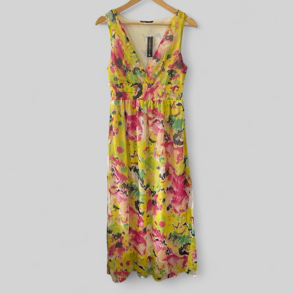 Anthropologie Chaudry Womens Floral Maxi Dress Size Large Sleeveless Yellow Boho